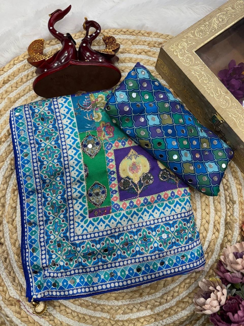 Blue and Green Floral Print Women's Dress Scarf by